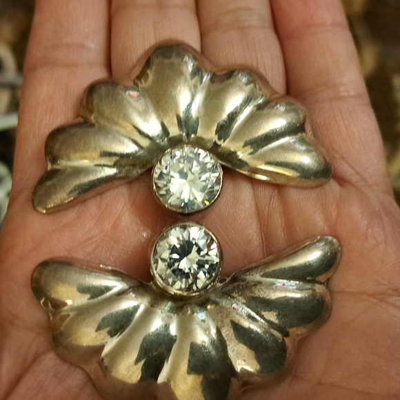 Sterling clip on earrings fan style cubic zirconia vintage from 80s - Picture 6 of 7